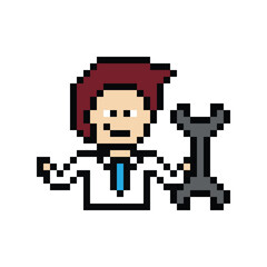 Fototapeta premium Cartoon cute pixel 8bit character engineer man fix problem improvement for decoration 8 bit male boy male engineer solve problem character game png vector.