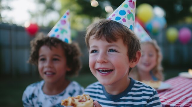 Joyful Children Celebrating Birthday Party Outdoors with Colorful Hats and Treats