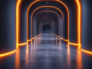 Obraz premium Futuristic corridor with glowing orange accents and dark walls.