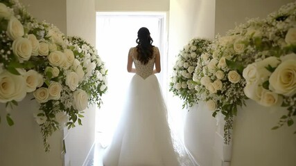 Elegant caucasian bride in white dress standing amidst rose archway. concept of wedding beauty, romantic ceremony, bridal elegance, love celebration, Beautiful woman