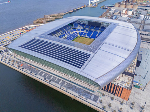 Aerial image of Everton Football Clubs new stadium on Bramley Dock along the River Mersey, 25th April 2025.