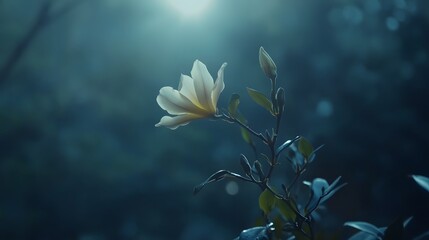 A captivating close up of a single white flower bloom its petals softly illuminated against a serene moody backdrop of lush greenery and gentle lighting