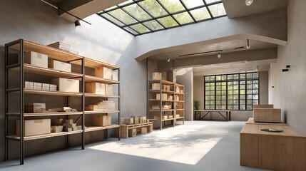 High-ceiling warehouse with wide aisle and box storage