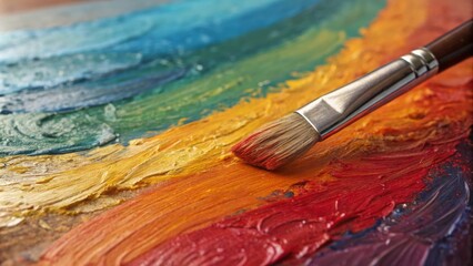 Fototapeta premium Close-up of brush over a palette of red, orange, yellow, green and blue strokes, Painting, Artist