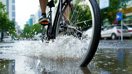 A bicycle navigating through a flooded street with water splashing all around. 