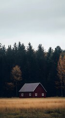 A charming rustic cabin surrounded by a lush forest with vibrant fall foliage situated in a tranquil remote countryside setting