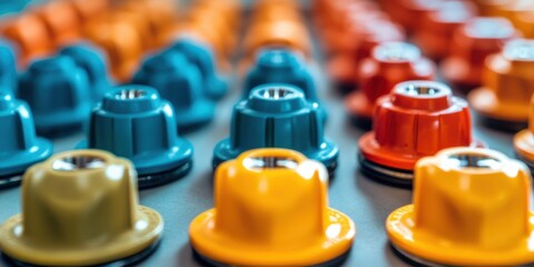 Obraz premium Colorful metallic caps arranged neatly on a surface showcasing vibrant hues and textures