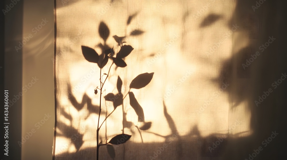 Poster a tranquil scene of a slender leaf and branch casting gentle shadows against a neutral backdrop crea