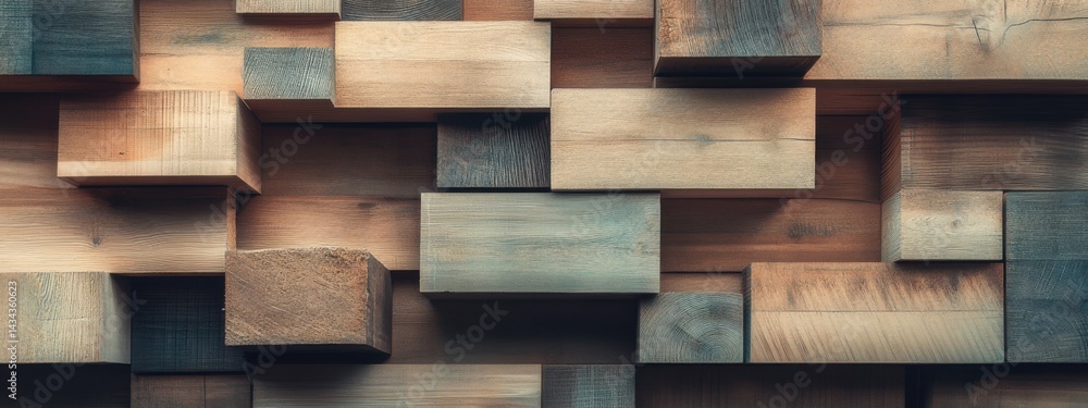 Poster wooden blocks arranged in a creative display showcasing various textures and colors in a natural set
