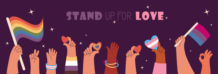 LGBTQ Diverse Hands Holding Rainbow Pride Flags and Hearts. LGBT community. Pride month. Holiday Horizontal banner on dark background with message Stand Up for Love. Vector illustration