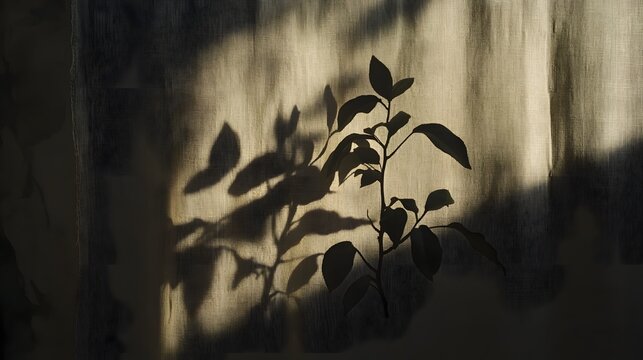 Delicate leaf silhouettes cast intricate patterns of light and shadow creating a serene meditative atmosphere with a subdued natural aesthetic