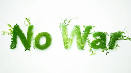 Lush greenery forms words NO WAR with leaves and vines concept of peaceful nature anti-conflict message eco-friendly design