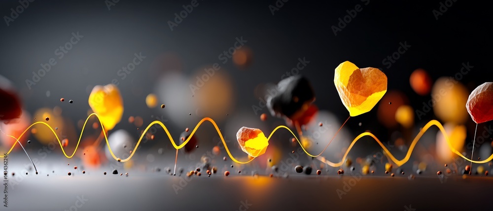 Poster abstract art featuring glowing heart-shaped objects and a flowing line against a dark backdrop