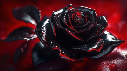 A glossy black rose with red accents resting on a deep crimson backdrop, surrounded by soft shadows and glowing highlights.