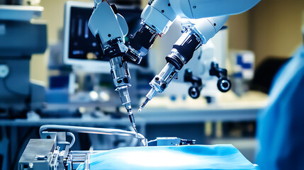 Mechanical arm assembling advanced medical equipment in a high tech hospital manufacturing facility, organized workstations and tools visible, Medical equipment assembly style