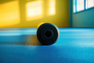 Black exercise roller on blue floor