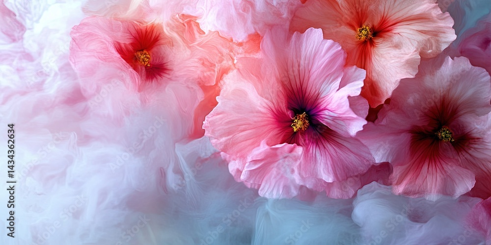 Poster abstract image of flowers dissolving into the surrounding fog, soft and blurred.