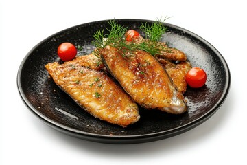 Black plate of fried mackerel on a white backdrop