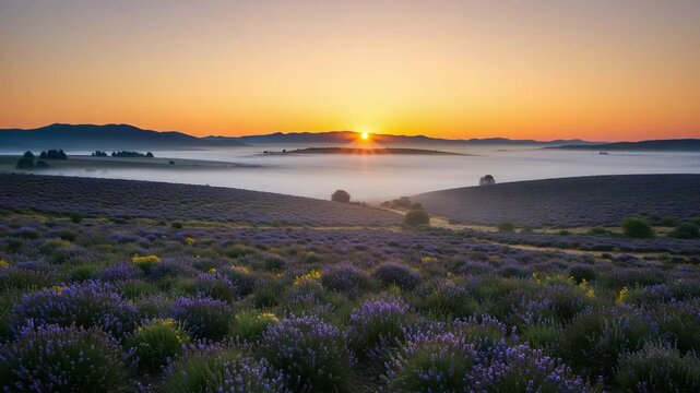 Sunrise Over Lavender Fields with Misty Horizon