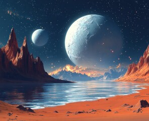 Vast, otherworldly landscape with celestial bodies.