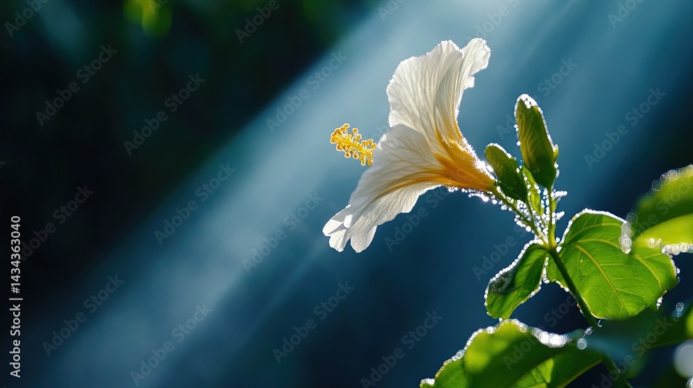 Poster close-up of a flower dissolving into the mist, with light rays surrounding it.