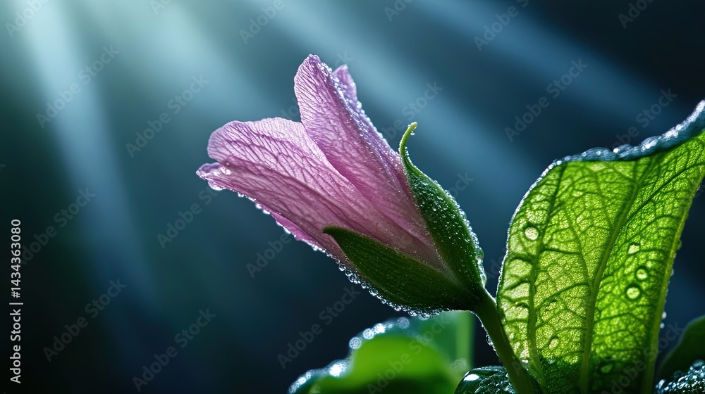 Poster close-up of a flower dissolving into the mist, with light rays surrounding it.