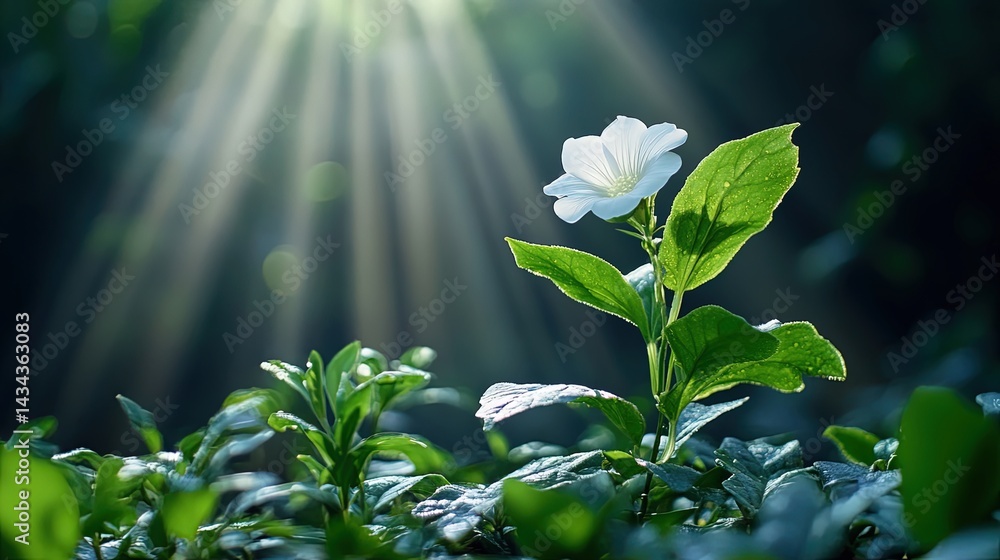 Poster close-up of a flower dissolving into the mist, with light rays surrounding it.