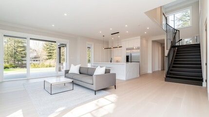 Obraz premium Modern open-plan living space with kitchen and patio access