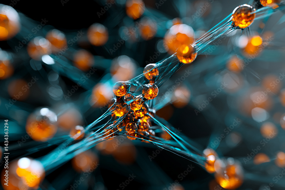 Poster Abstract image of interconnected orange spheres and teal filaments, creating a network structure, symbolizing connection, technology, or neural network