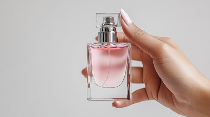 Close-up of a womanâ€™s hand holding a luxurious perfume bottle against a light background. 