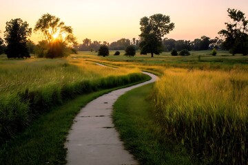 Winding walkway through vibrant meadow at sunset  
