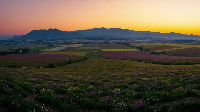 Scenic Sunset Over Rolling Hills and Field
