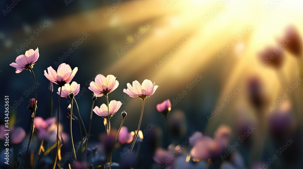 Poster delicate petals fading into the mist with subtle light rays.