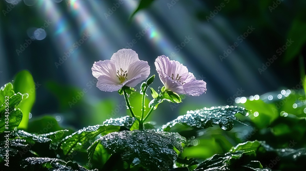 Poster delicate petals fading into the mist with subtle light rays.