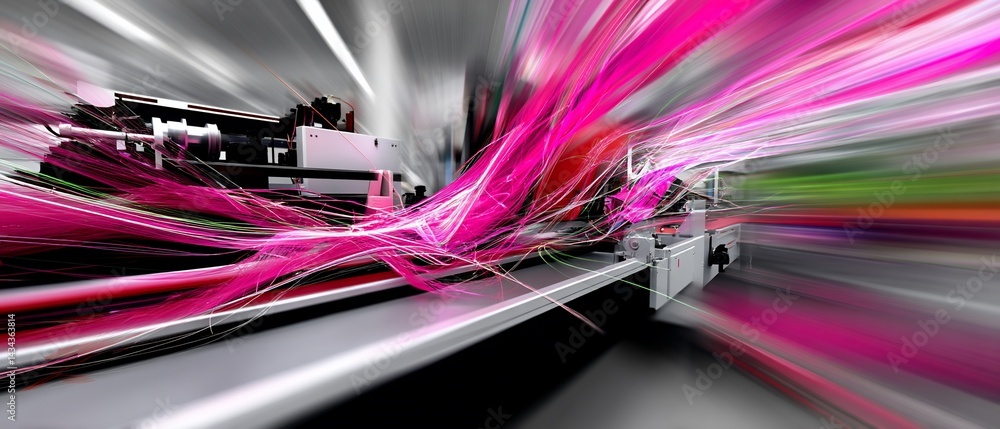 Poster abstract image of printing process with pink and white streaks. high-speed, dynamic visualization