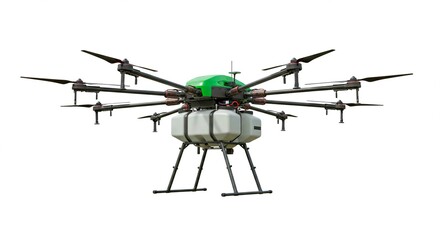 Isolated green and black octocopter drone with tanks on a white background