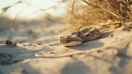 A close-up view of a coiled snake resting on sandy terrain with dry grass, basking in warm sunlight.