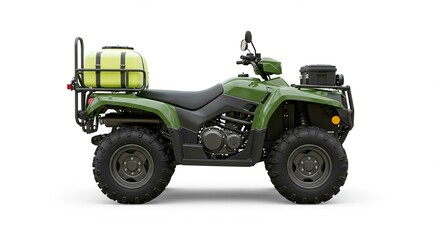 Side view of a green atv with a yellow tank on a white background
