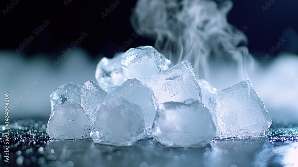 Poster ice crystals turning into liquid and then evaporating into mist with no distractions in the backgrou