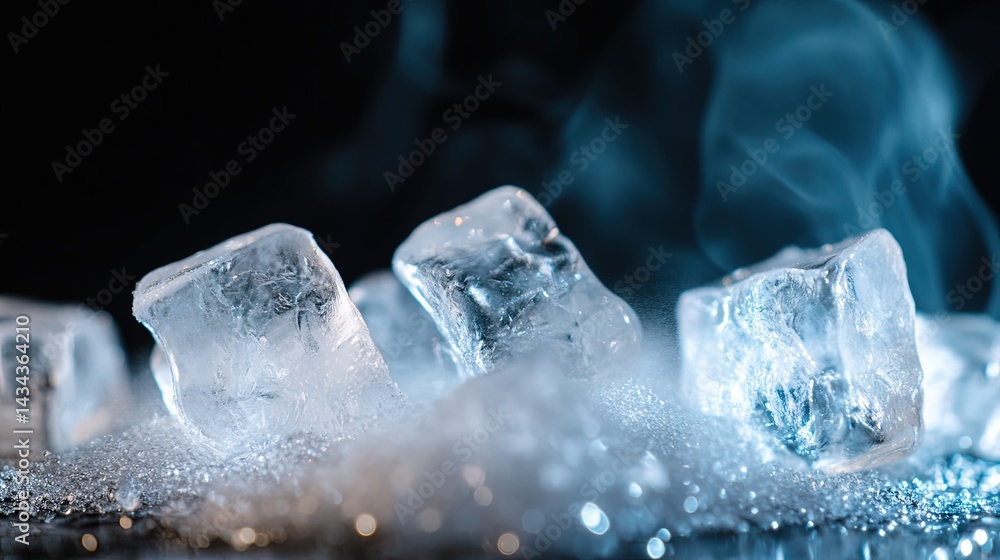 Poster ice crystals turning into liquid and then evaporating into mist with no distractions in the backgrou