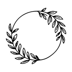 A romantic floral wreath featuring delicate hand-drawn flowers and curved branches forming a graceful circular frame.