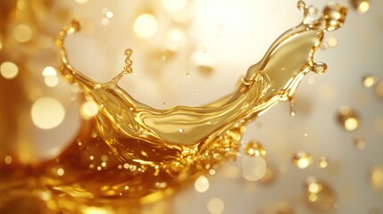 Golden liquid splash, bokeh background, advertisement