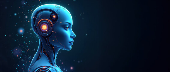 Futuristic android neon robot profile on dark background with glowing circuits, digital art style. Use for banners, AI blogs, banners, innovation advertising and sci-fi technology presentations.
