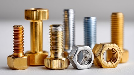 Assorted fasteners and nuts in gold, silver, and blue tones on white surface