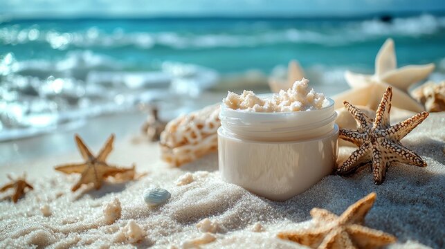 A jar of lotion is sitting on the sand next to some starfish