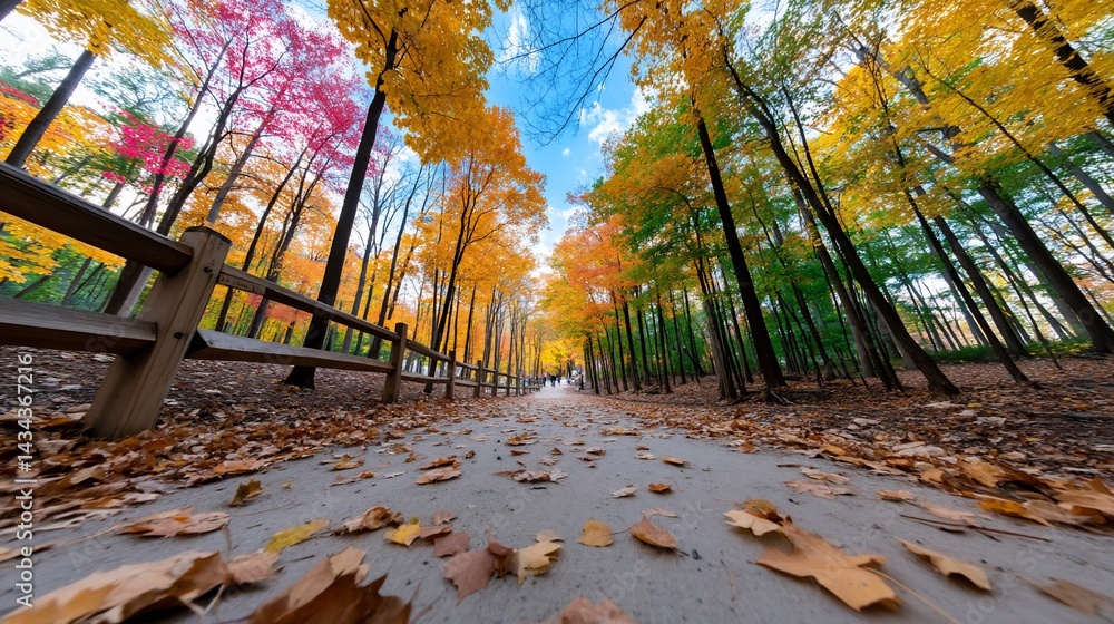 Poster autumn path through colorful trees with fallen leaves and sky view