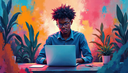Young African American man works on laptop in colorful abstract art workspace. Freelance digital artist, creative designer uses tech, modern workplace. Abstract background, vibrant colours, indoor