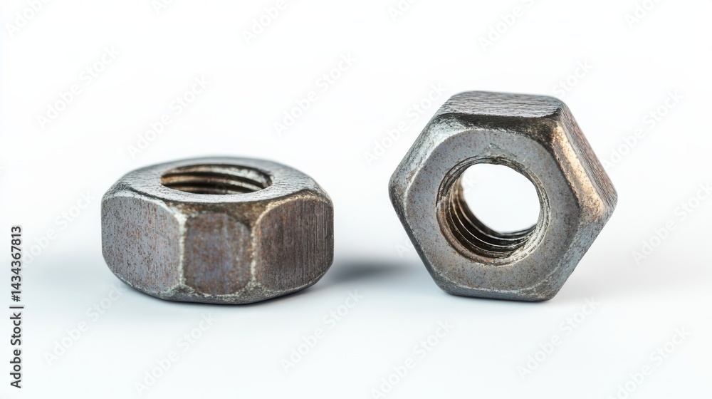 Poster close-up view of metallic nuts on a clean surface showcasing detailed textures and shapes during a w