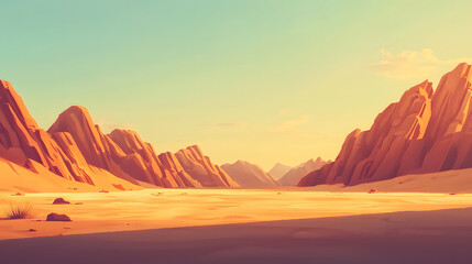 Naklejka premium Desert Landscape: A breathtaking vista of an arid desert landscape, under a clear sky, showcasing towering rock formations and vast stretches of sand.