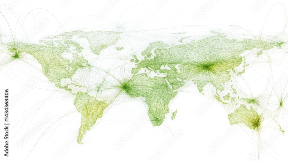 Poster abstract network visualization of global connections and interactions in green tones